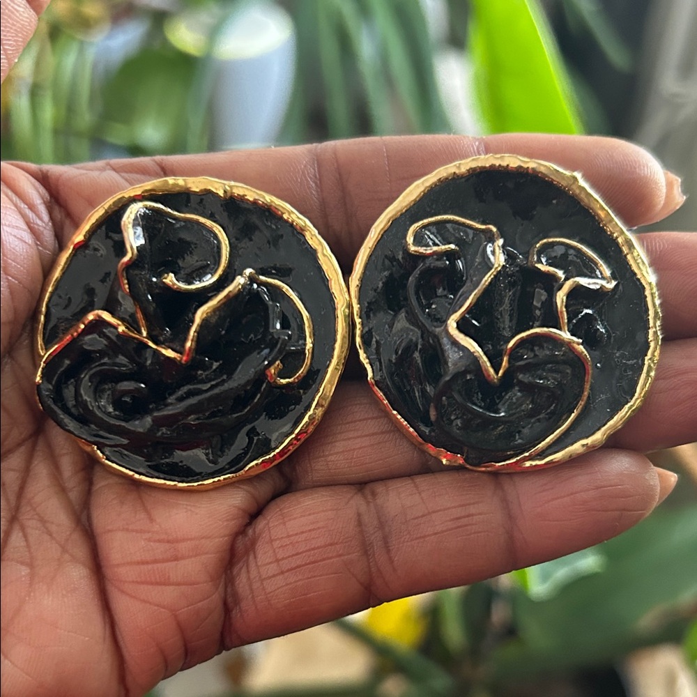 Vintage LaCombe 80s Elegant Black and Gold Statement Earrings